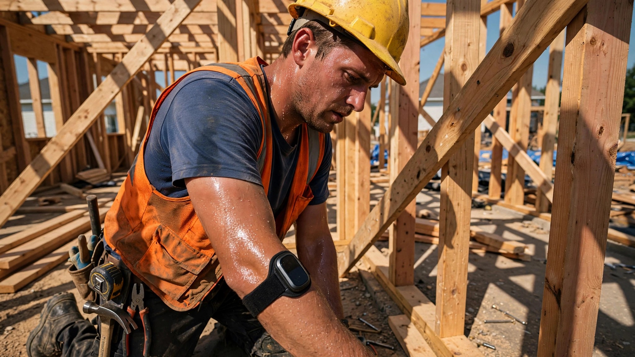 A construction worker on a residential framing site in blazing summer heat, wearing an armband sensor on their forearm, sweat visible, harsh midday sun casting sharp shadows across unfinished lumber framing