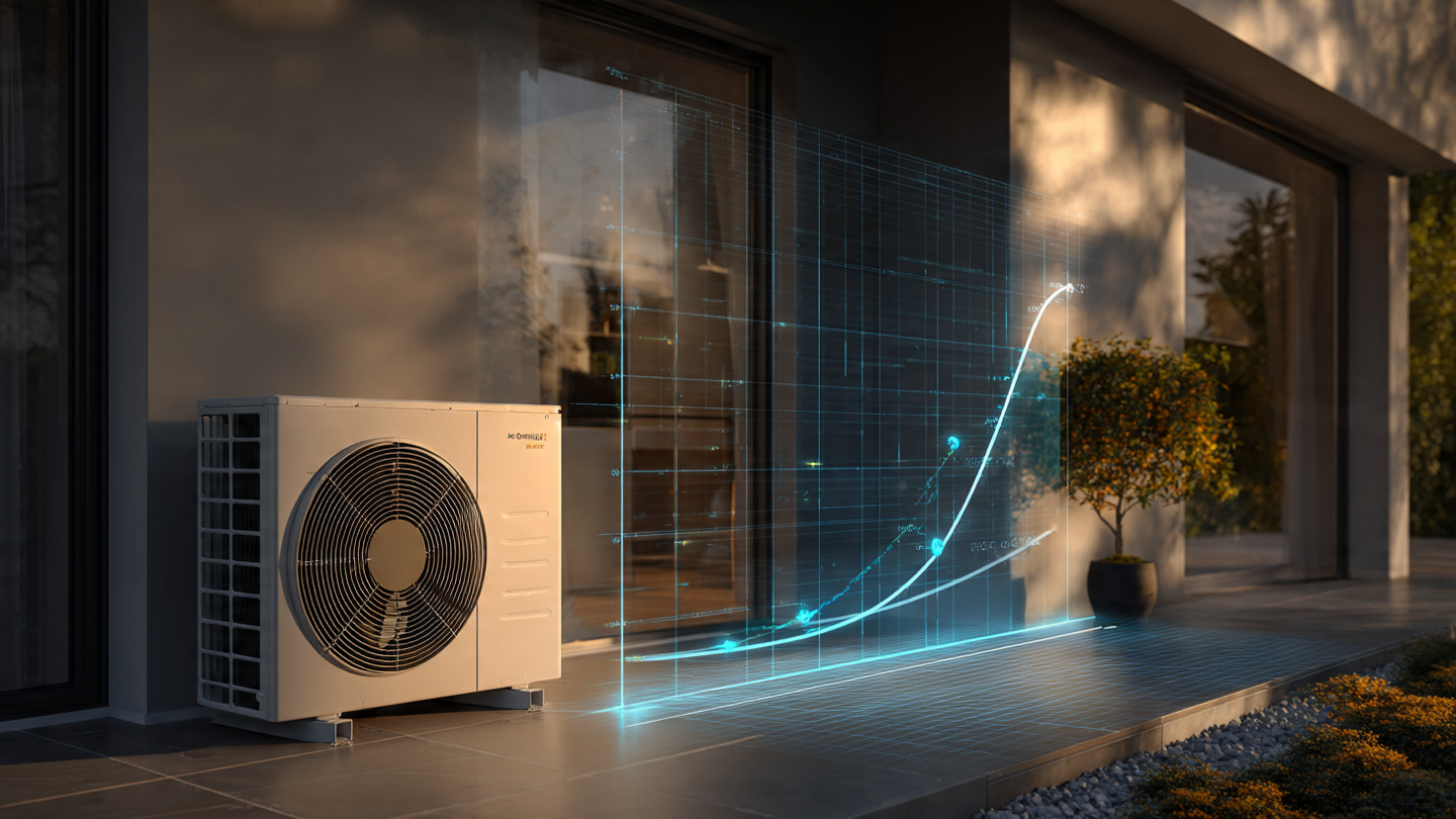 A modern residential heat pump outdoor unit beside a home exterior, with a digital overlay showing a heating curve graph mapping outdoor temperature to supply water temperature