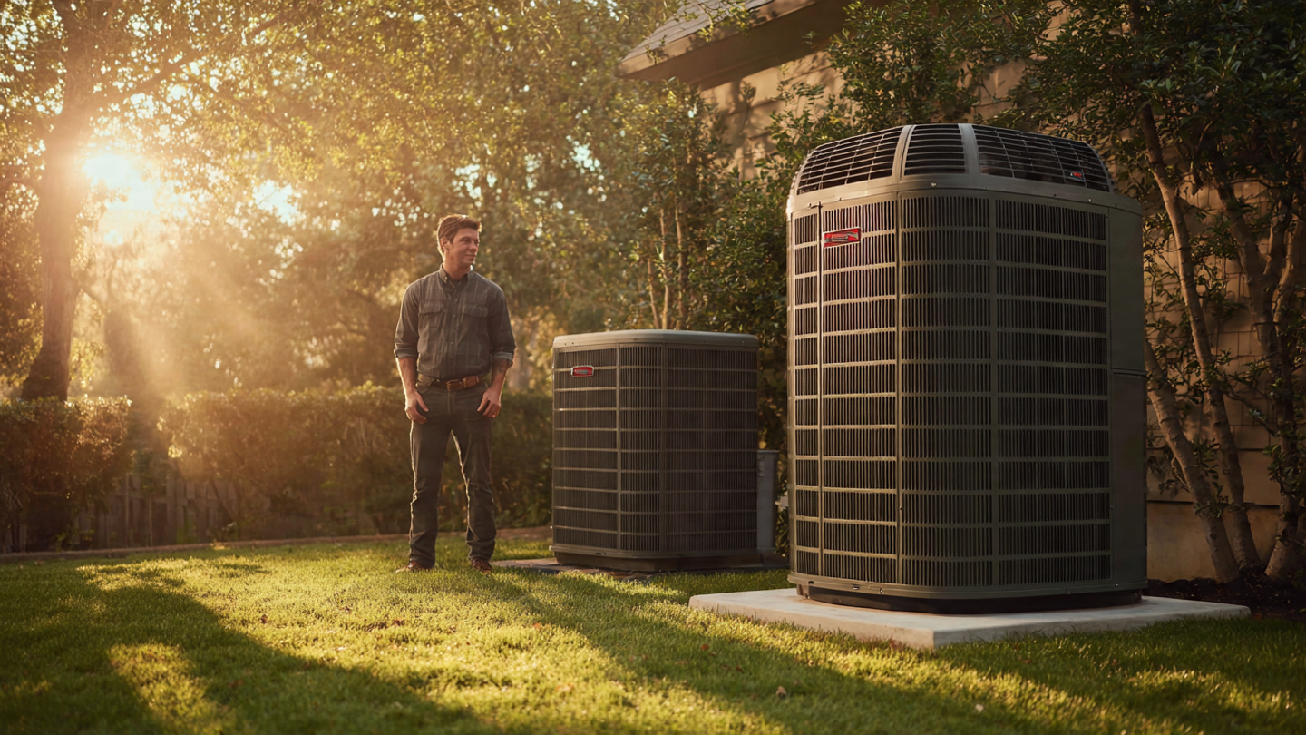 A residential HVAC technician standing beside two heat pump condensers of vastly different sizes on a concrete pad next to a suburban home, afternoon sunlight, the smaller unit dwarfed by the oversized one