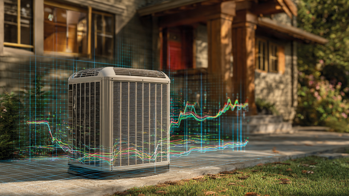 Outdoor heat pump condenser unit beside a residential home with data visualization overlays showing capacity curves and load lines