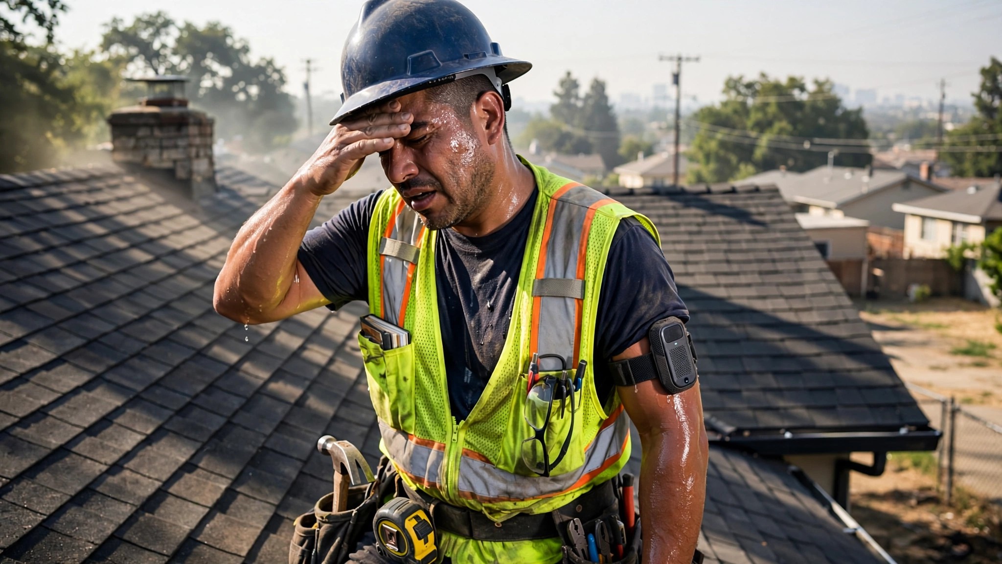 A construction worker on a rooftop in blazing summer sun, wiping sweat from his forehead while a small sensor band is visible on his upper arm