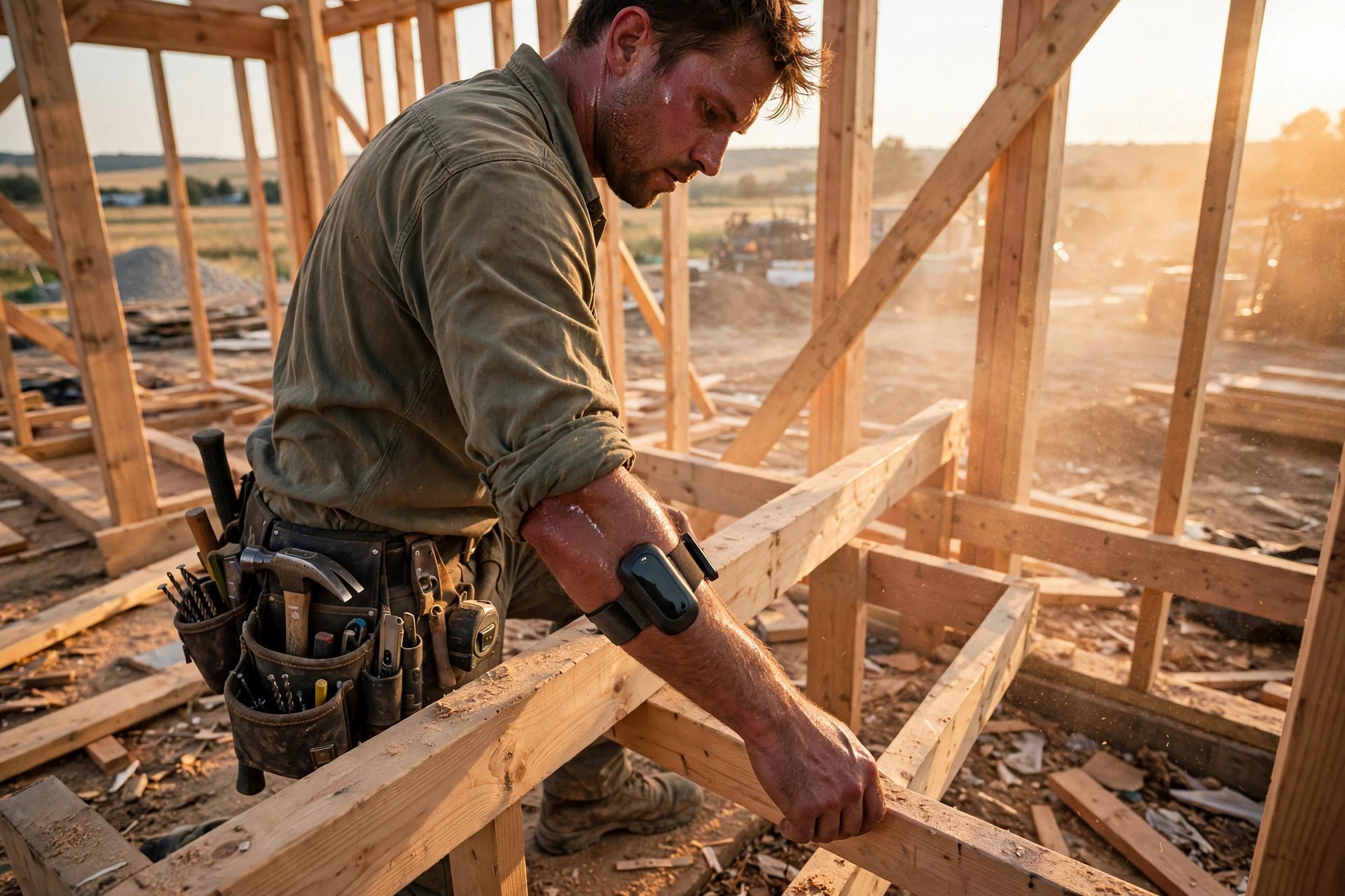 A framing carpenter on residential lumber framing in harsh late-afternoon heat, a small sensor armband on his forearm, golden sunlight raking across the site