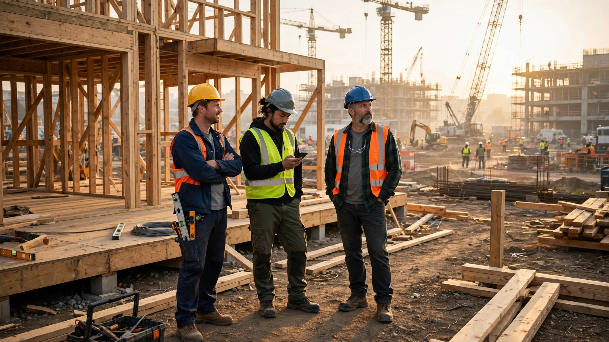 Construction workers on a residential job site with smartphones and digital screens in background