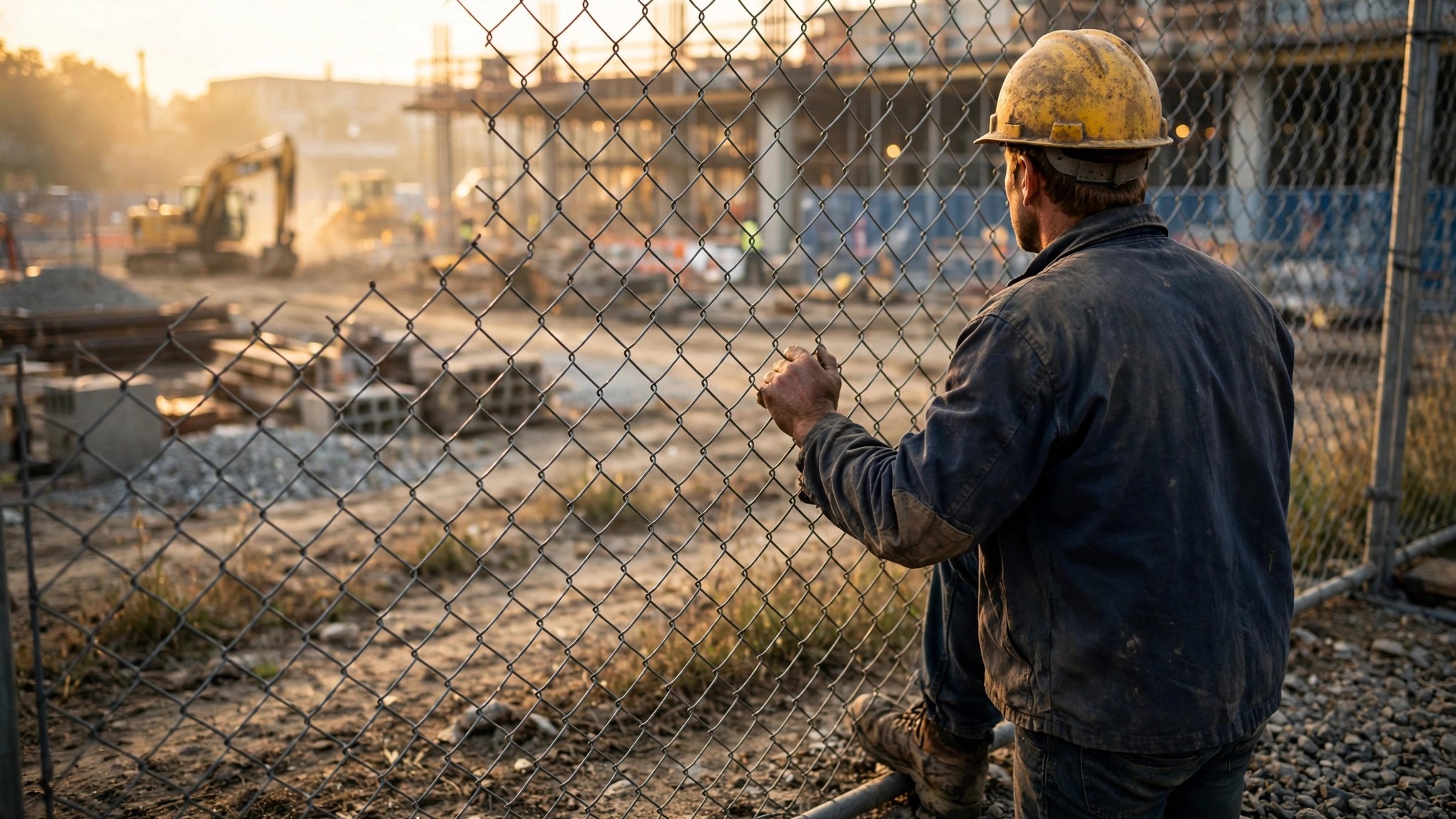 A construction worker in a hard hat standing in front of a job site fence, viewed from behind through a chain-link barrier