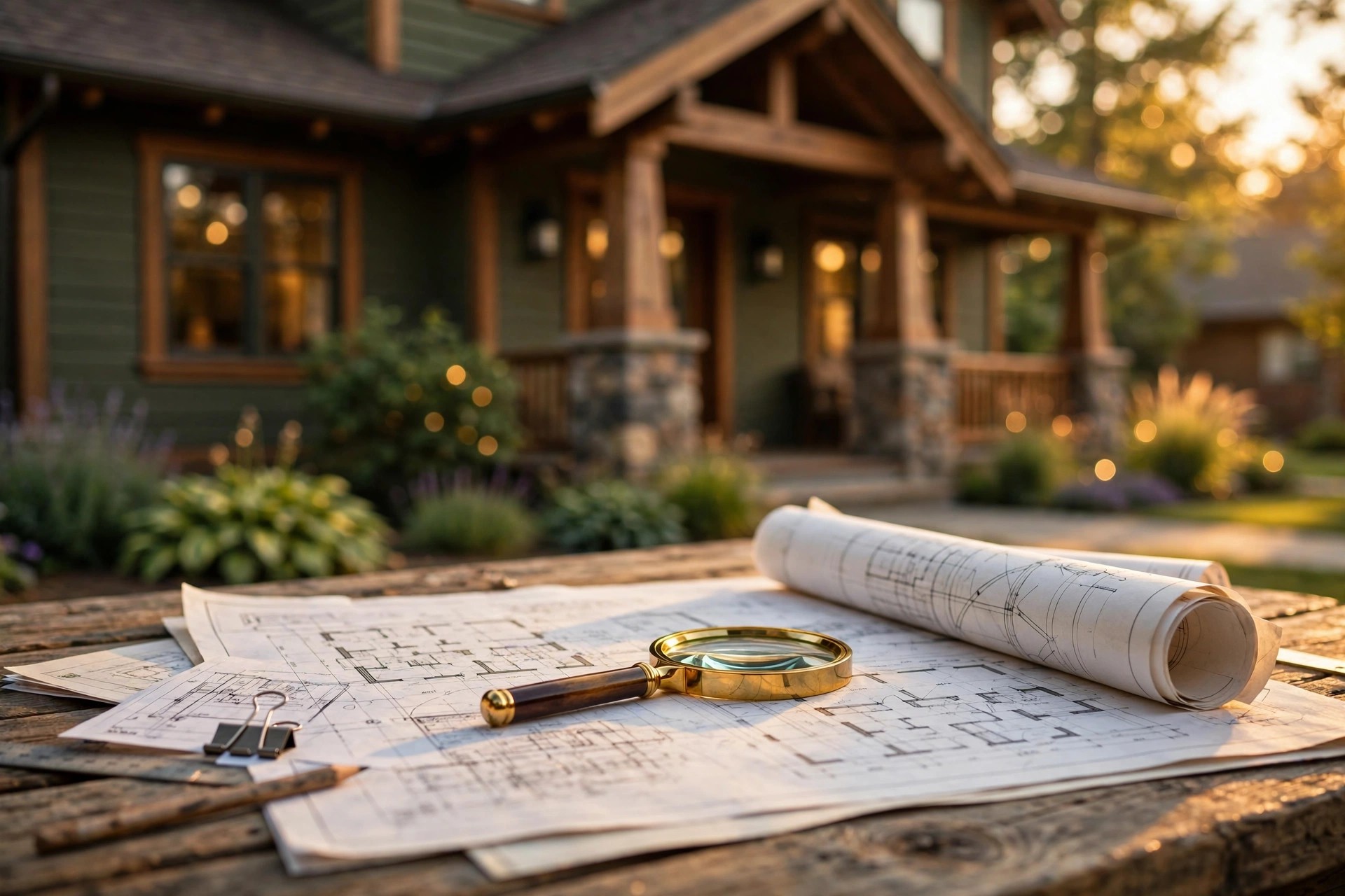 Suburban home exterior at golden hour with architectural blueprints and a magnifying glass on a wooden table in the foreground