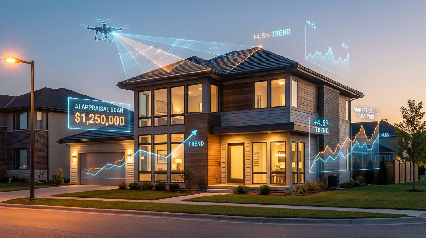 AI-powered home valuation analysis with digital data overlay on a suburban house