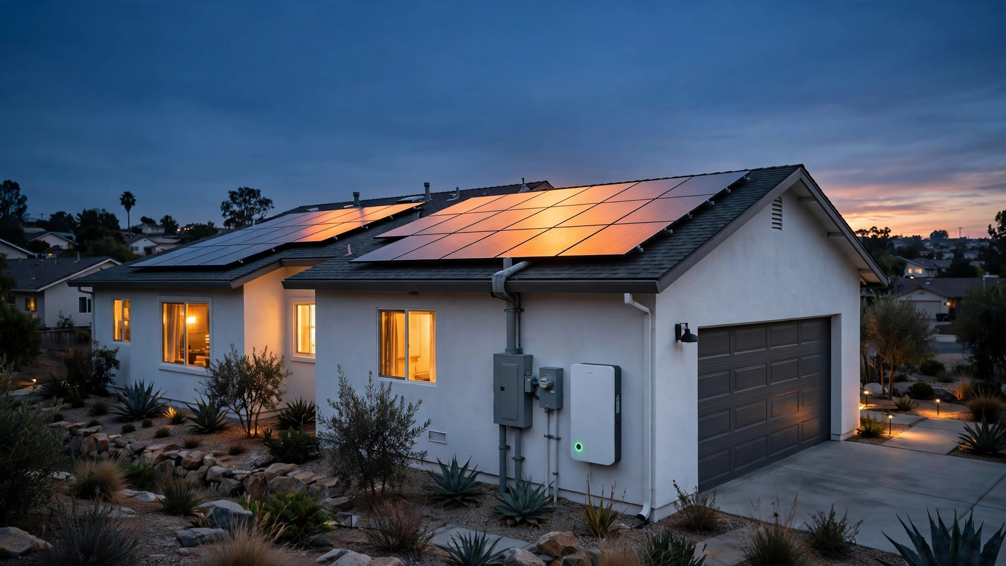 A California home at dusk with rooftop solar panels glowing in the last sunlight and a white home battery unit with a green status light mounted beside the garage