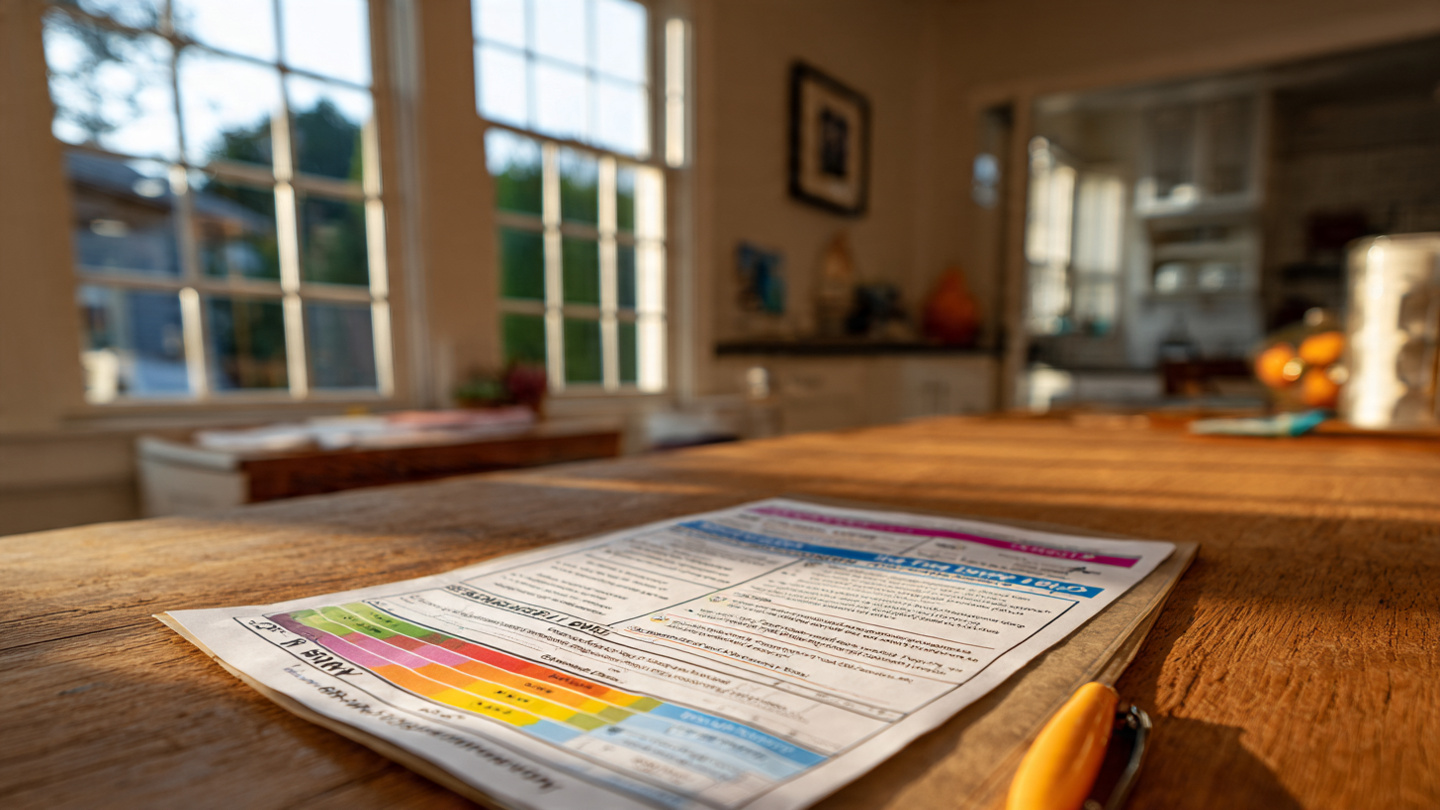 A real estate listing printout on a kitchen counter showing an energy score label, warm afternoon light through double-pane windows, a home inspector's clipboard visible in the background