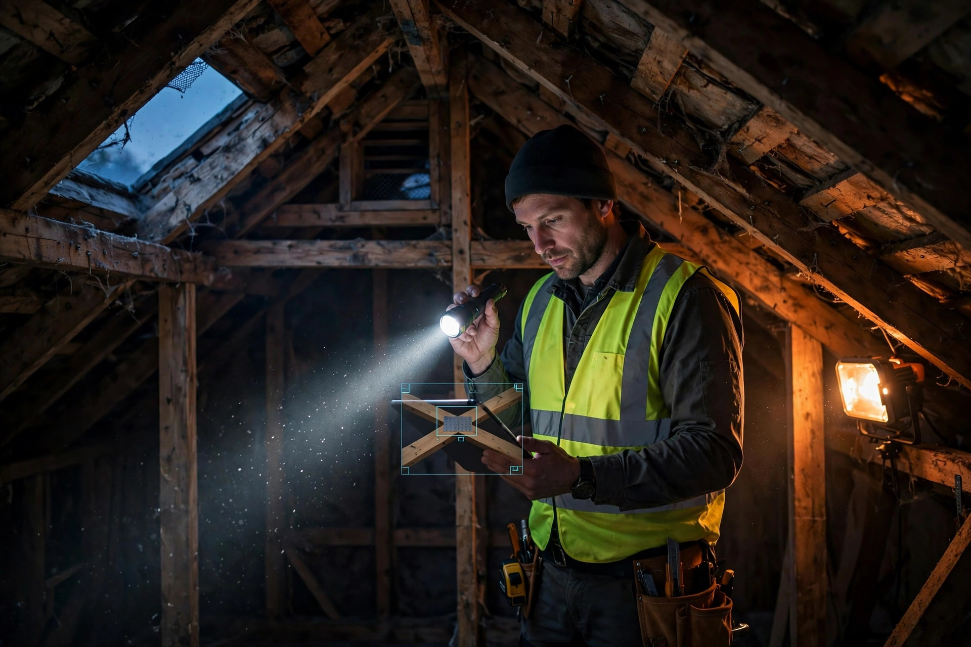 A home inspector in a dim attic holding a tablet, flashlight beam on roof framing, with a faint digital overlay suggesting photo analysis
