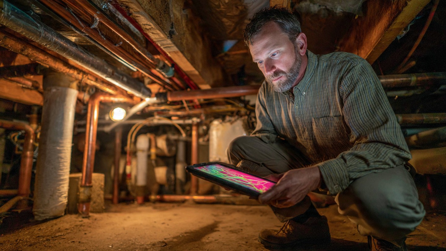 A home inspector kneeling in a crawl space holding a tablet with thermal imaging overlays
