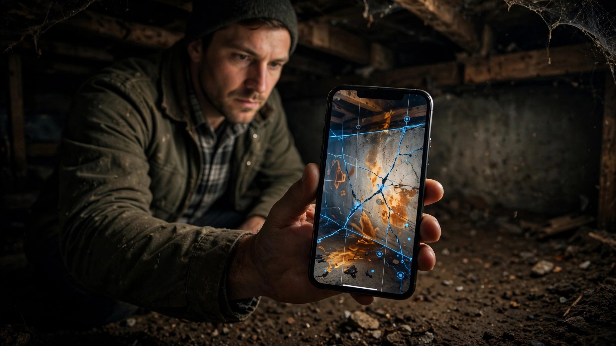 A home inspector in a crawlspace photographing a foundation crack with a smartphone while an AI interface highlights detected defects on the screen
