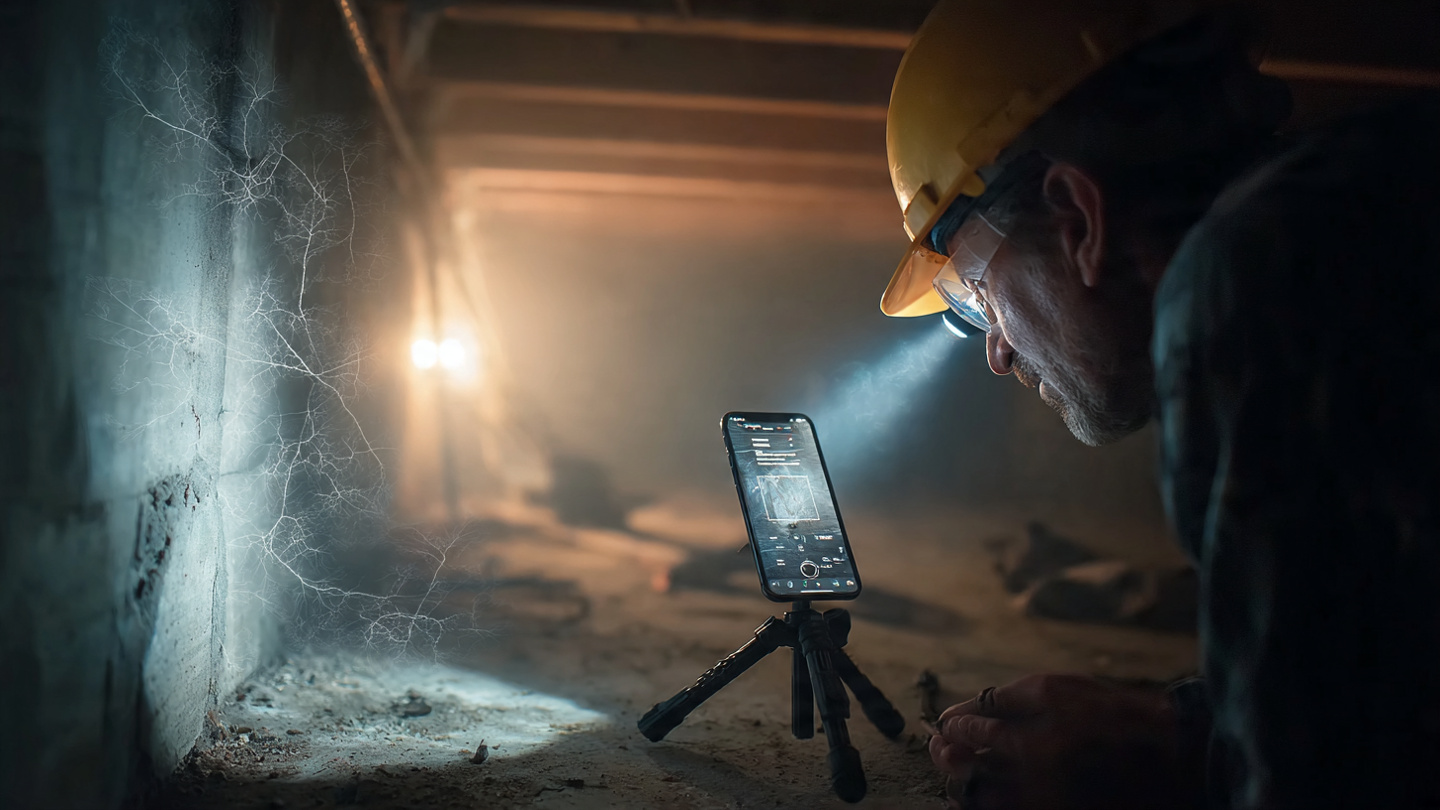 A home inspector with a clipboard examining a crawl space while a smartphone mounted on a tripod records video with AI annotations overlaid on the screen