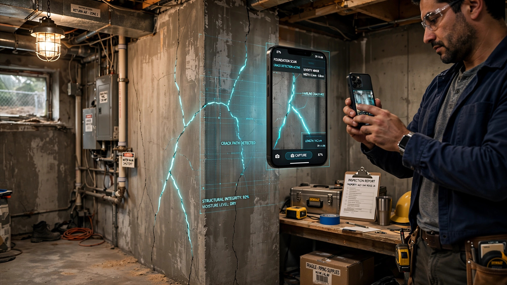A home inspector photographing a basement wall with a smartphone while a translucent digital overlay highlights hairline cracks in the concrete foundation