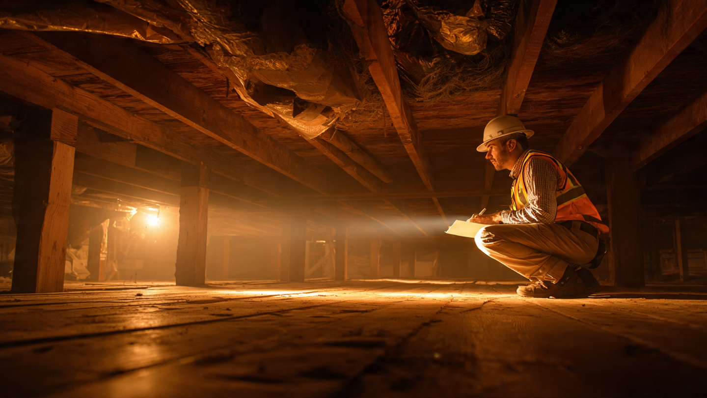 A home inspector in a hard hat crouching in a dim crawlspace under a house, flashlight beam cutting through dust, clipboard abandoned on the ground above him, warm ambient light from the house interior visible through floor joists