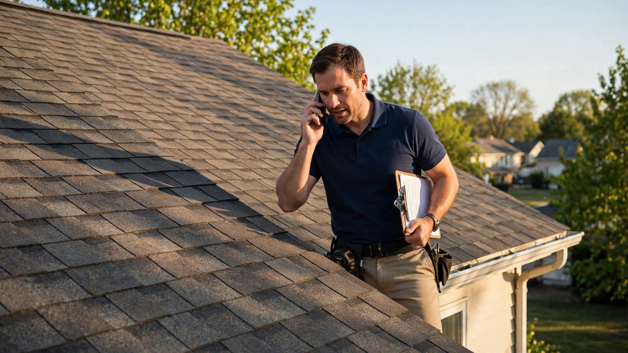 Home inspector on a residential roof holding a phone and speaking into it with the house visible below, warm afternoon light, realistic construction scene