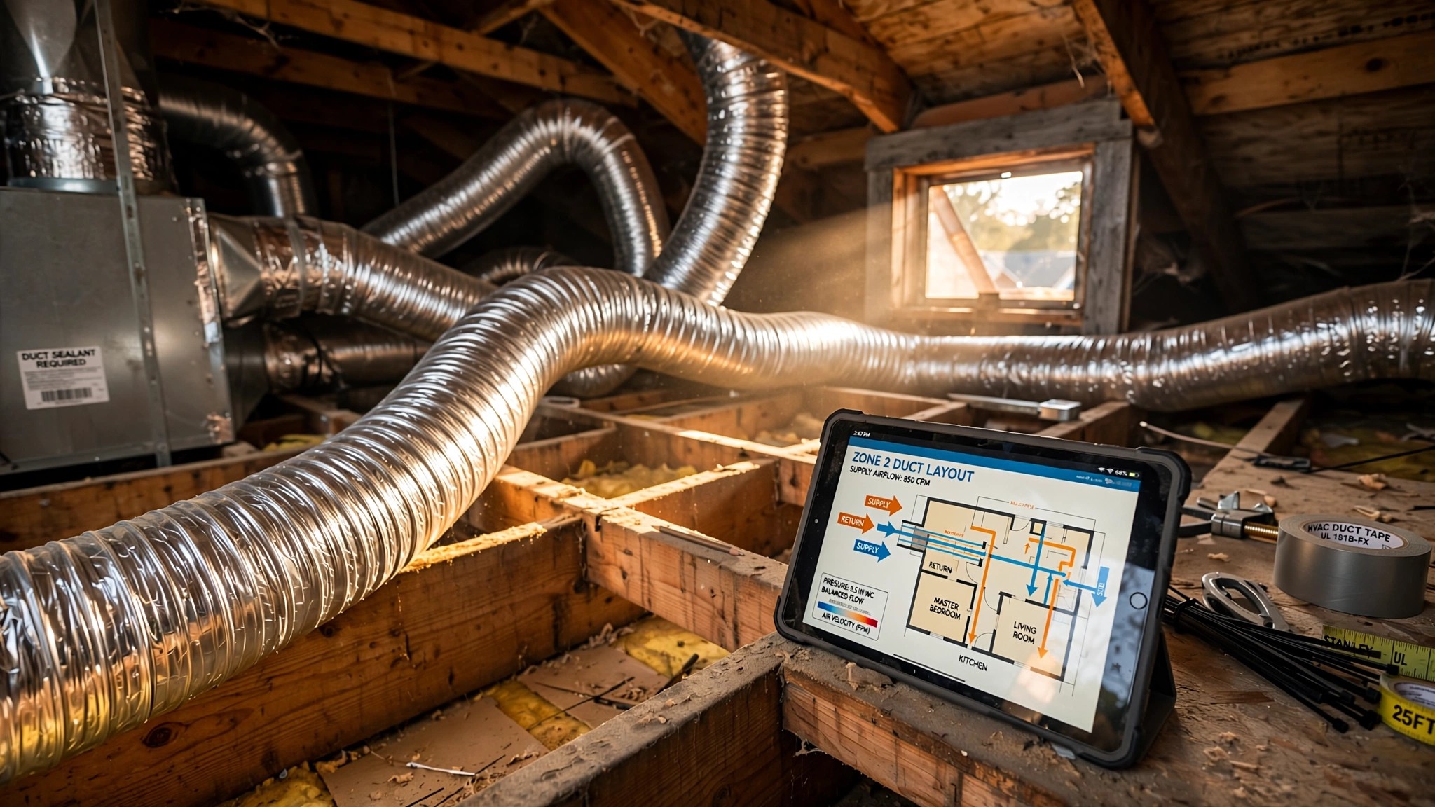 Residential HVAC ductwork snaking through an unfinished attic, with a tablet showing a color-coded duct layout diagram propped against a ceiling joist