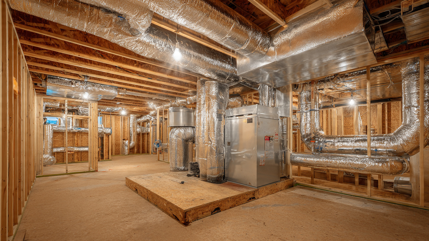 An oversized outdoor HVAC condenser unit beside a new construction home, dwarfing the side yard
