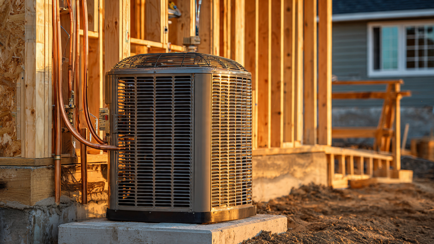 Residential HVAC condenser unit sitting on a concrete pad beside a new-construction home, with copper refrigerant lines running through a framed wall, late afternoon sunlight