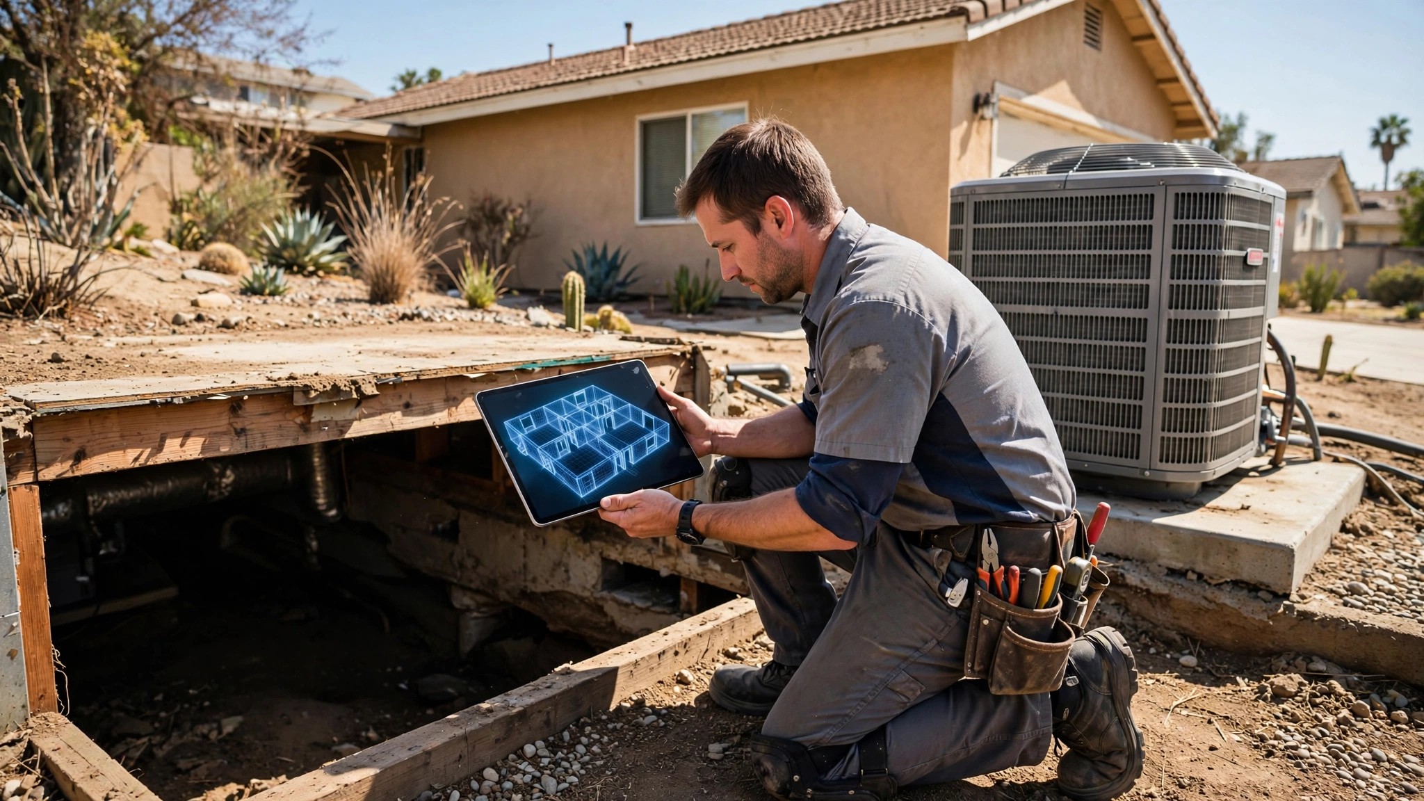 HVAC technician scanning a home interior with a tablet-mounted LiDAR sensor, 3D model rendering visible on screen