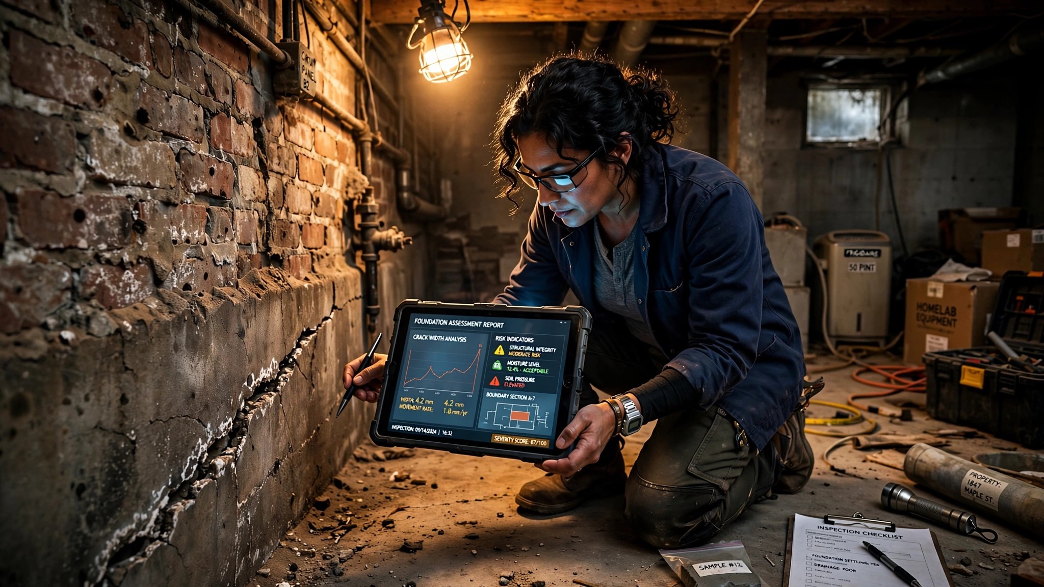 Home inspector examining a cracked concrete foundation with a tablet showing AI analysis overlay