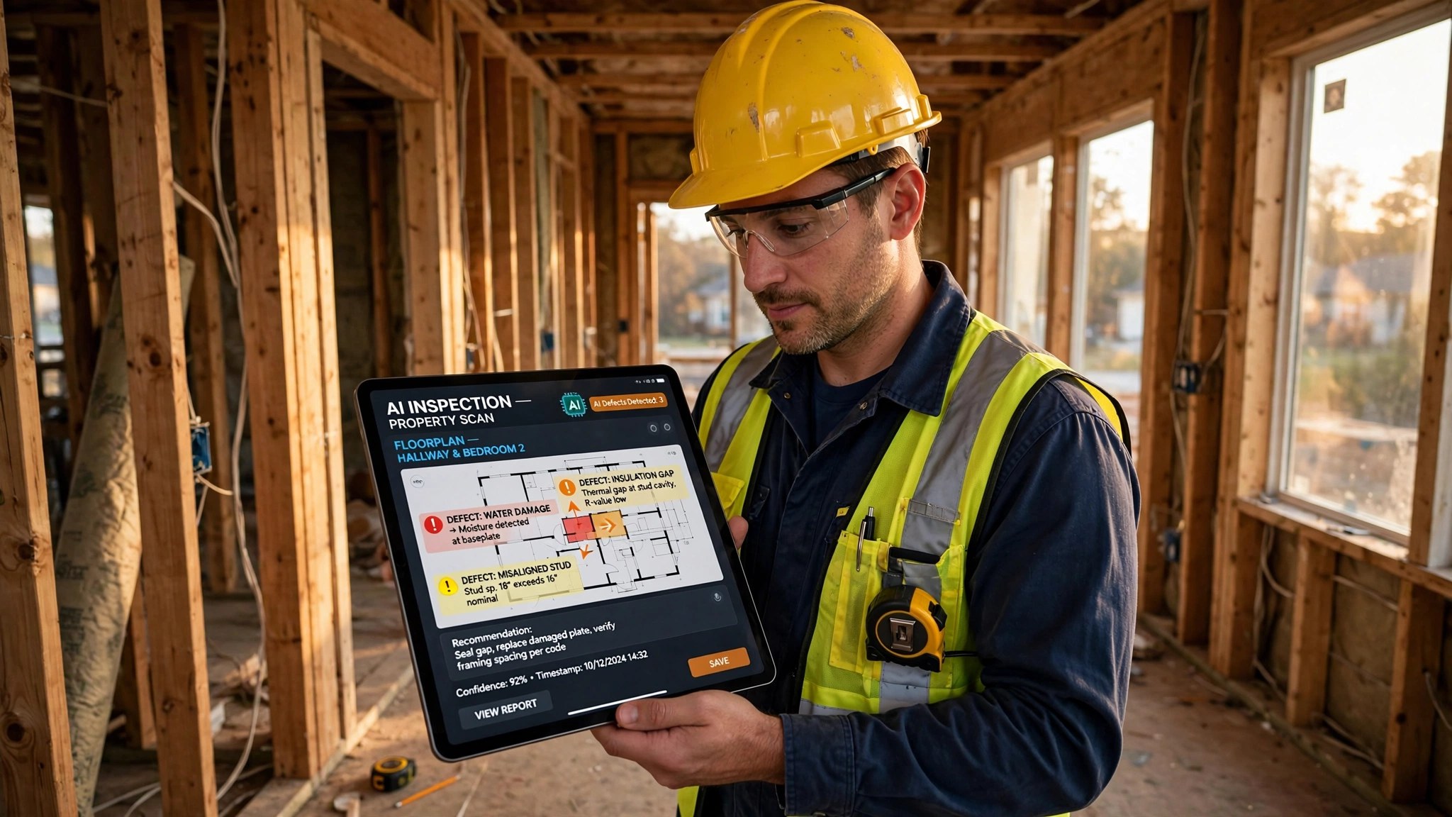 A home inspector holding a tablet with AI defect analysis interface in a residential hallway with exposed wall framing