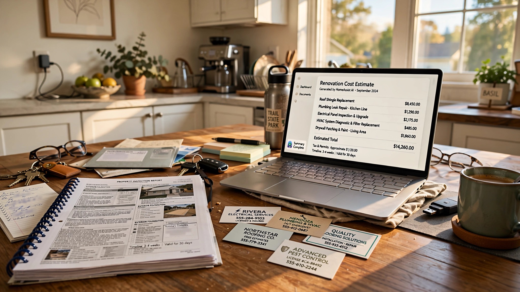 A kitchen table covered with a thick home inspection report, contractor business cards scattered around it, a laptop screen showing an AI-generated repair cost breakdown with itemized prices, warm afternoon light through a window