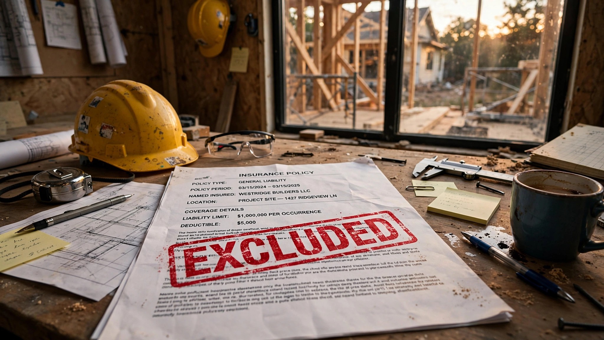 Insurance policy documents on a construction desk with a red EXCLUDED stamp overlaid