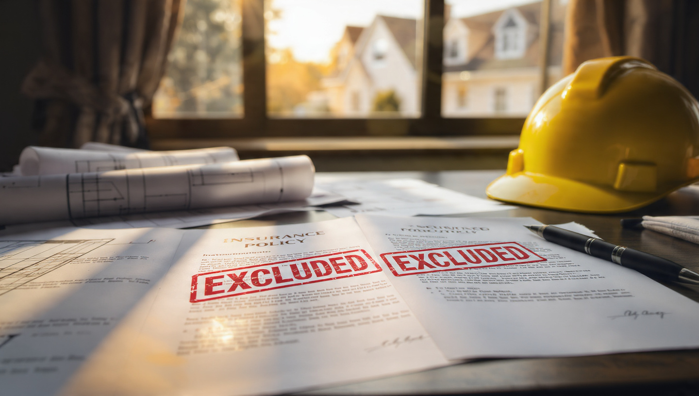 An insurance policy document with highlighted exclusion clauses, a hard hat and architectural blueprints visible on the desk beside it, warm office lighting