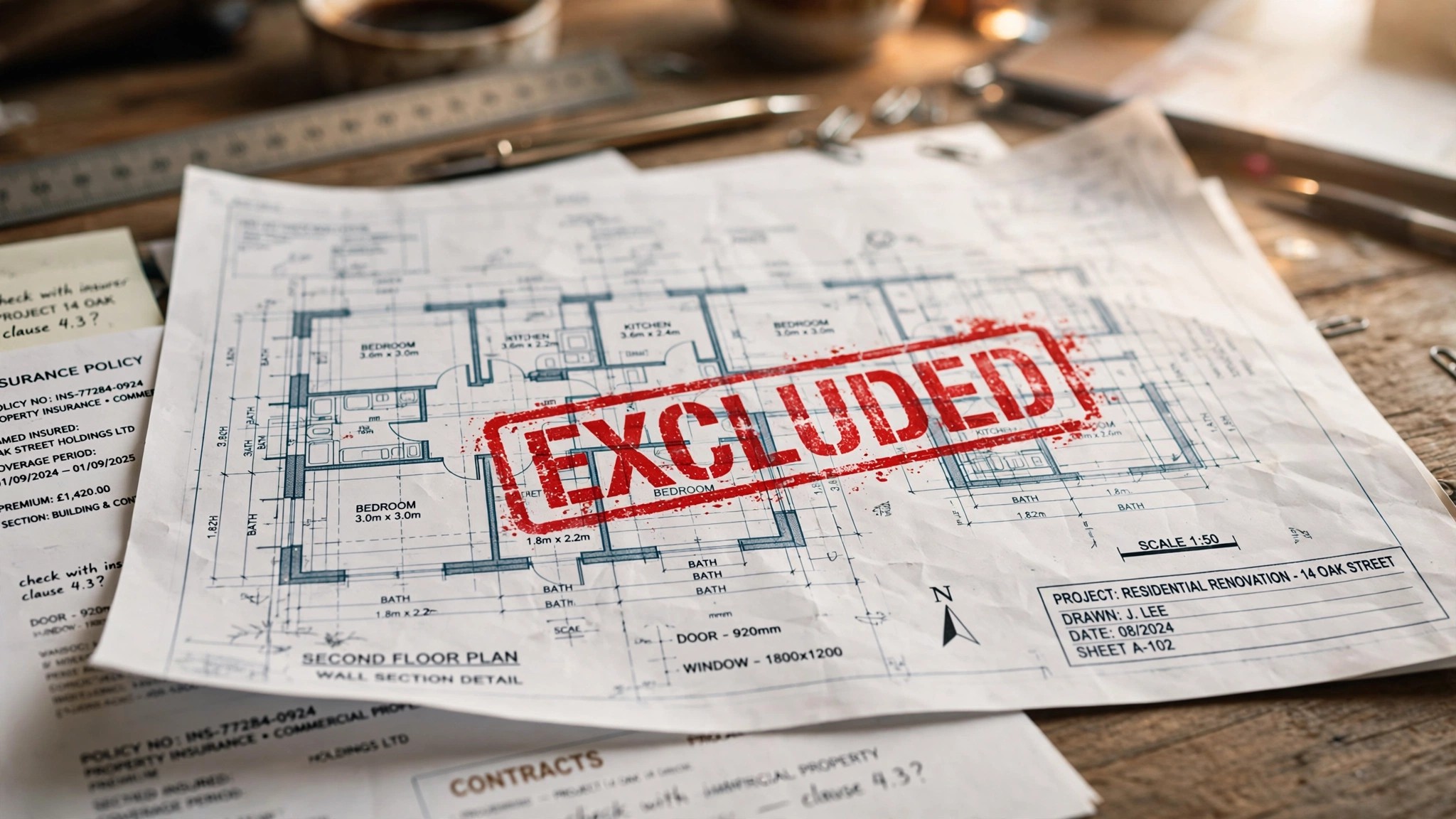An insurance policy document with a red EXCLUDED stamp overlaid on architectural blueprints generated by AI software
