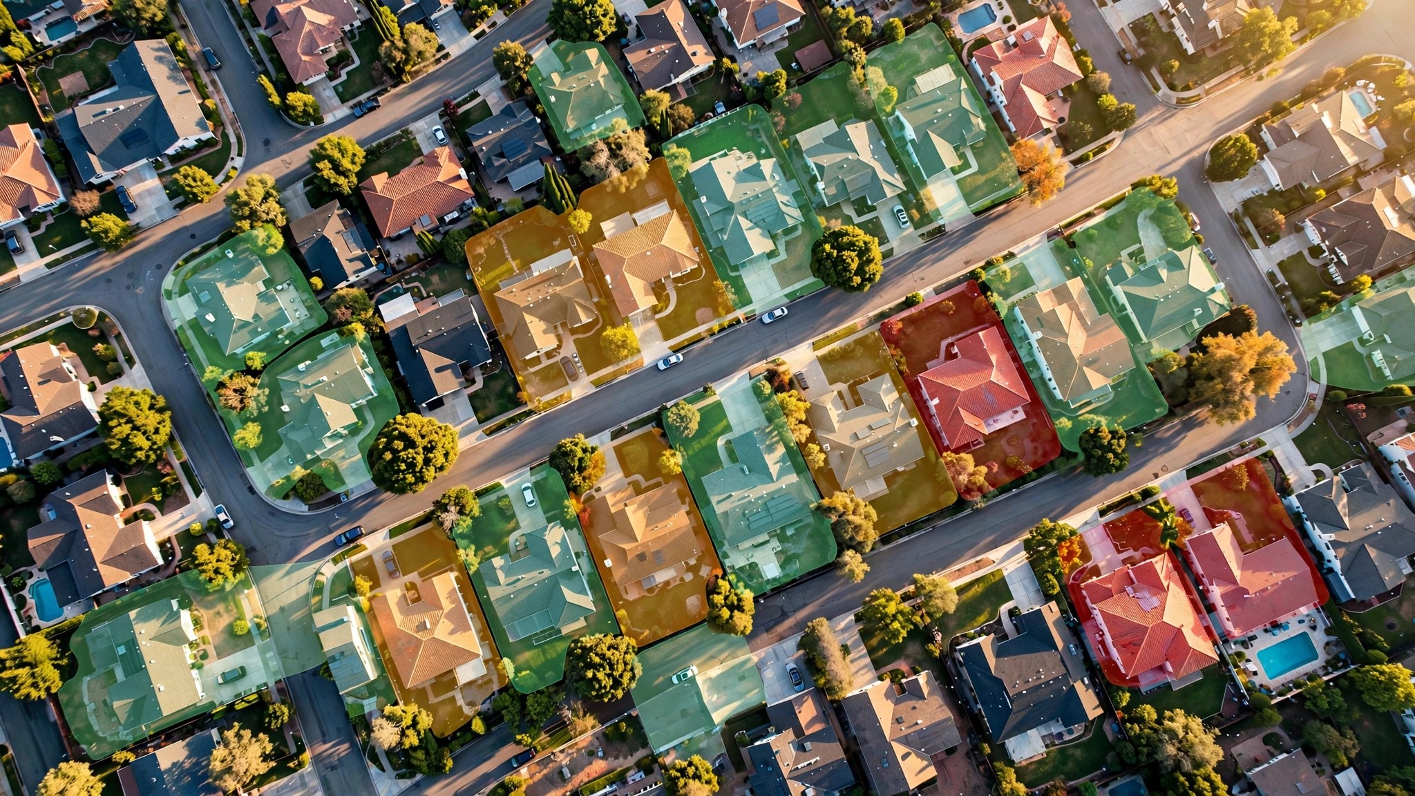 Aerial satellite view of a residential subdivision overlaid with color-coded risk scoring heat map, showing individual homes graded from green to red