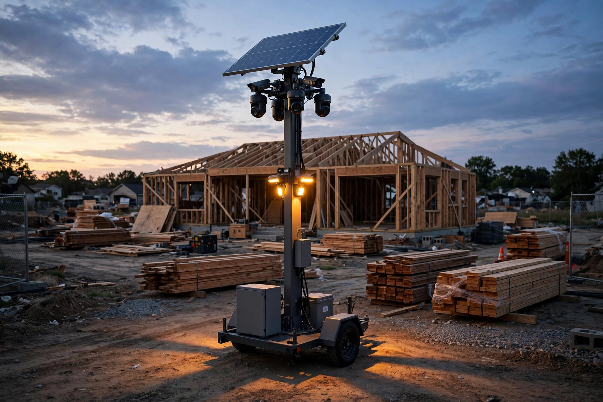 Solar-powered mobile security camera tower overlooking a residential construction site at dusk, lumber stacks and framing visible
