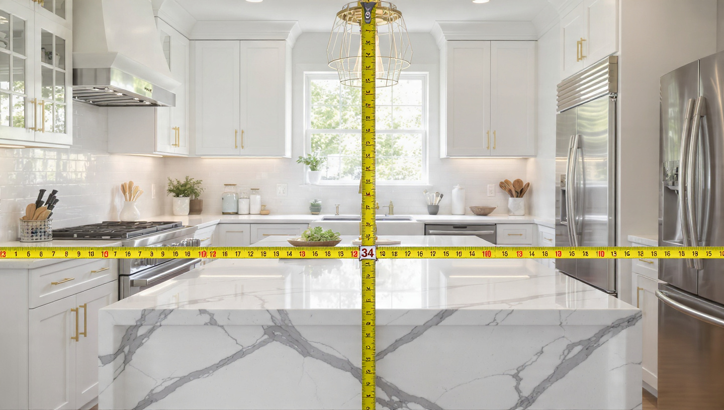 An AI-generated kitchen render beside a tape measure showing a narrow work aisle