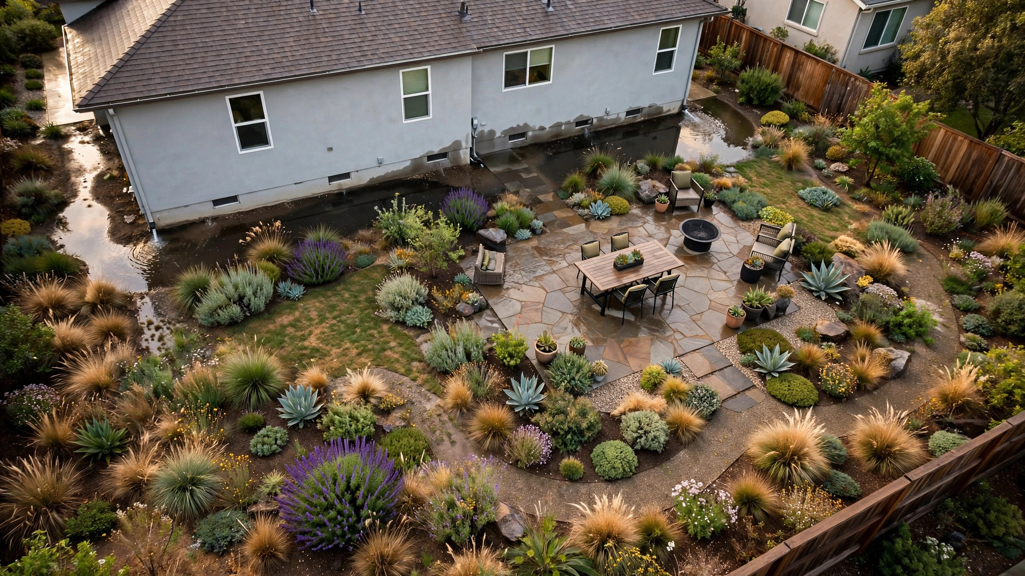A beautifully landscaped residential backyard with flagstone patio and native plantings, water pooling against the house foundation after rain