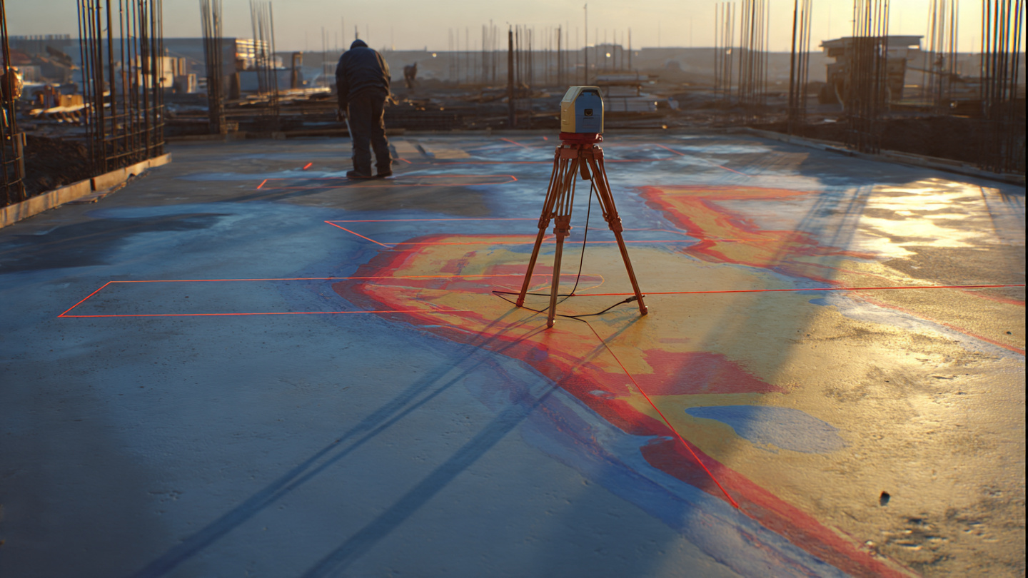A laser scanner on a tripod projecting a red grid across a freshly poured concrete slab foundation at a residential construction site, early morning light, worker in hard hat watching a tablet screen showing a color-coded heat map of the surface