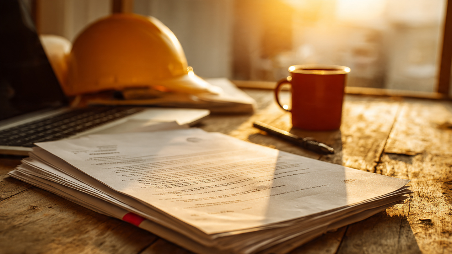 A stack of construction subcontractor agreements on a job site trailer desk, with a laptop screen showing a redlined contract document, warm afternoon light through a dusty window