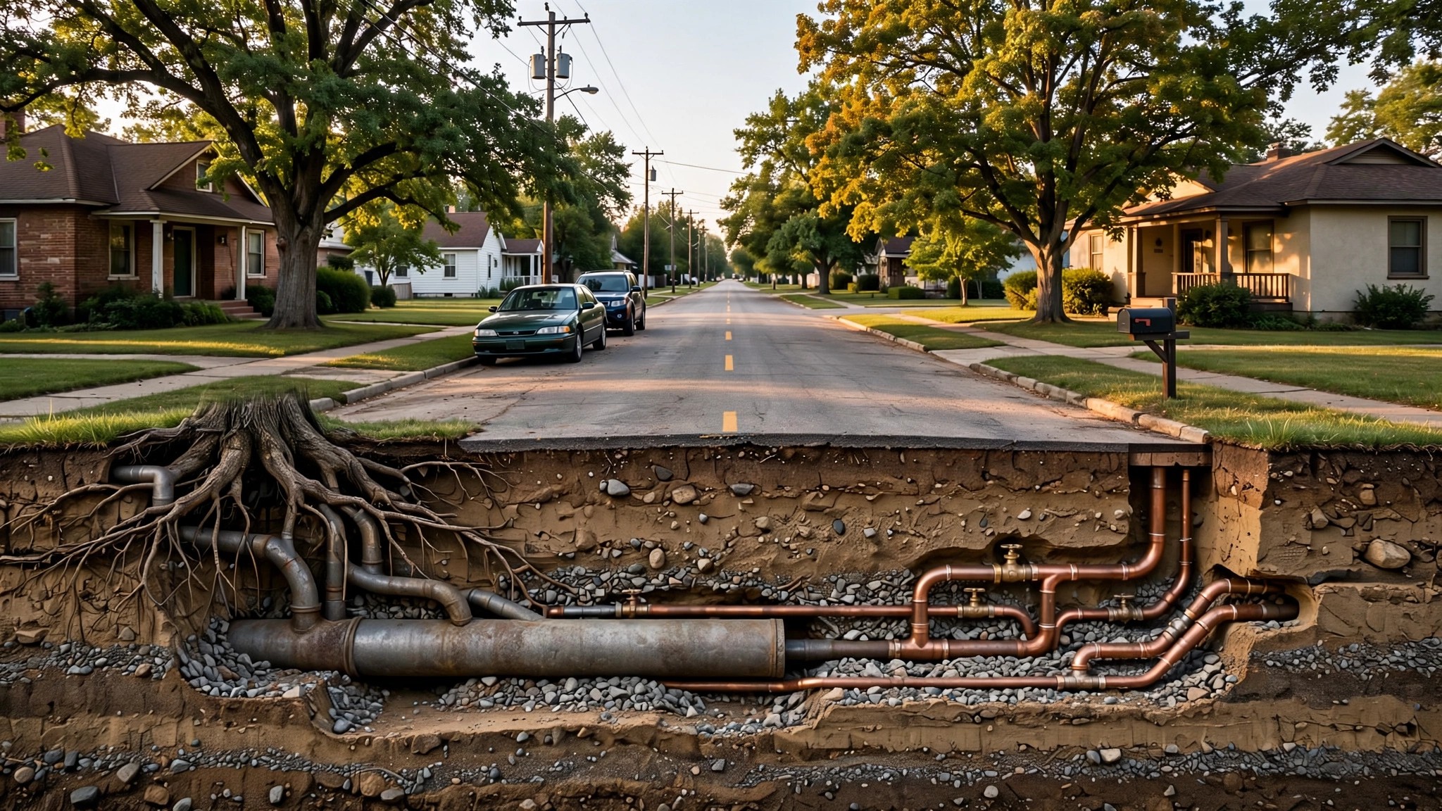A residential street with underground utility lines visualized, showing lead service line connections beneath older homes