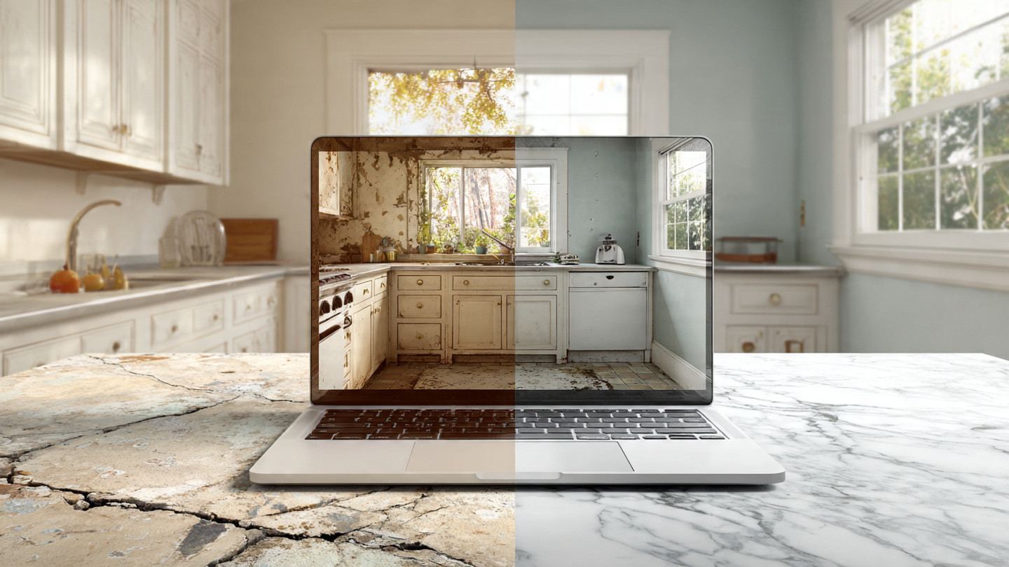 A laptop showing a bright renovated kitchen listing photo with the actual unrenovated kitchen visible behind it
