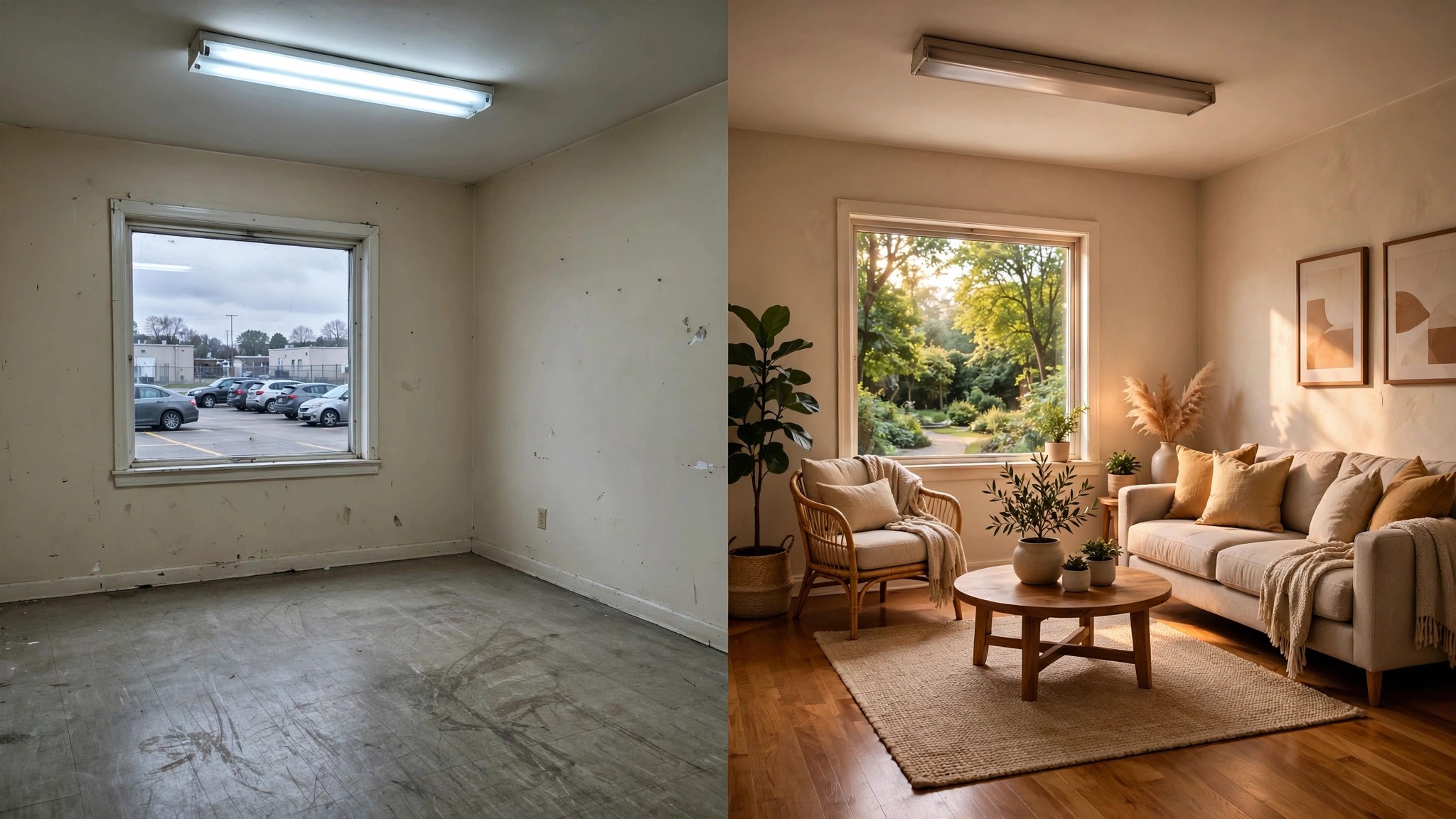 An empty living room photographed twice: once as-is with bare walls and scuffed floors, once through an AI filter showing designer furniture, warm lighting, and hardwood that was never installed