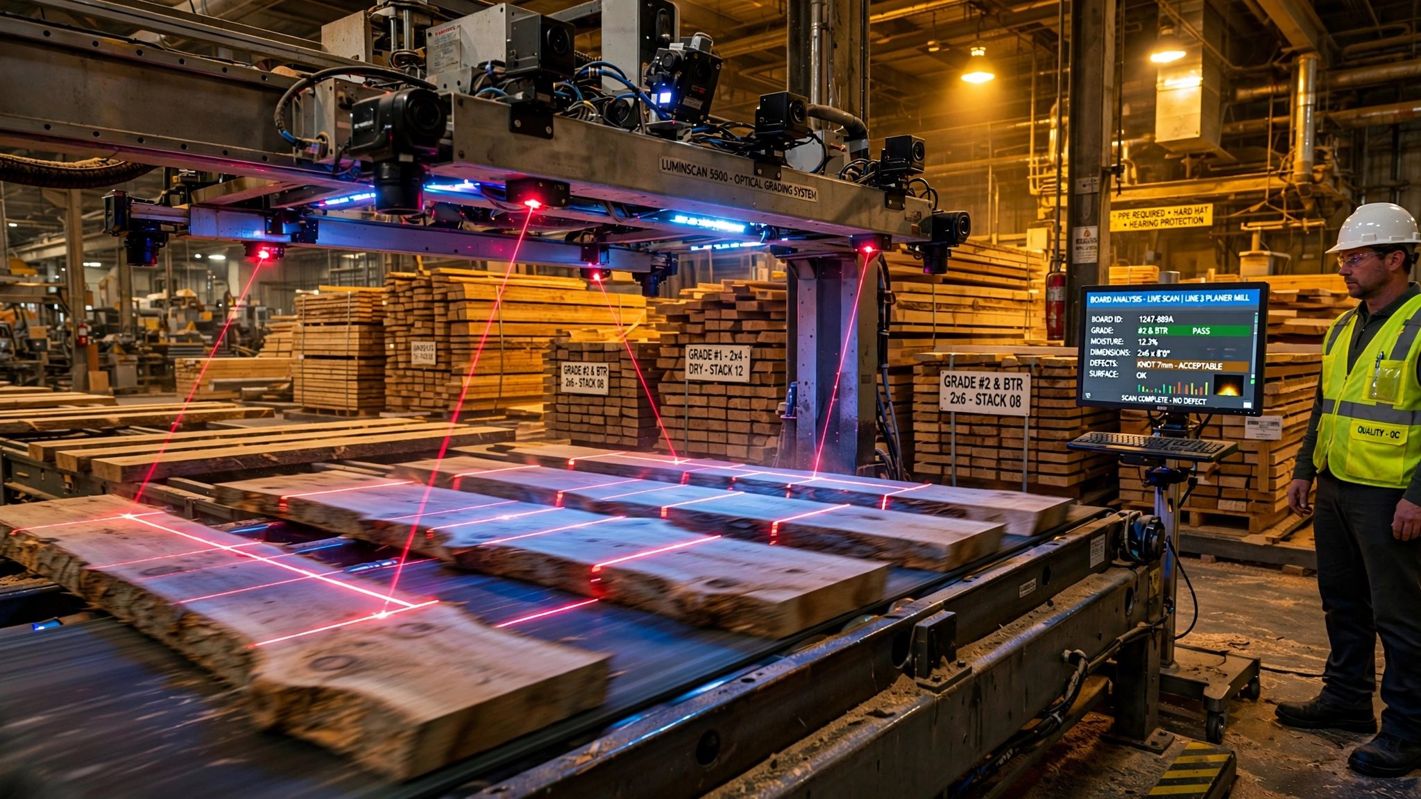Inside a modern sawmill, boards move rapidly along a conveyor under a bank of glowing laser scanners and cameras, with a lone grader standing to the side watching a monitor
