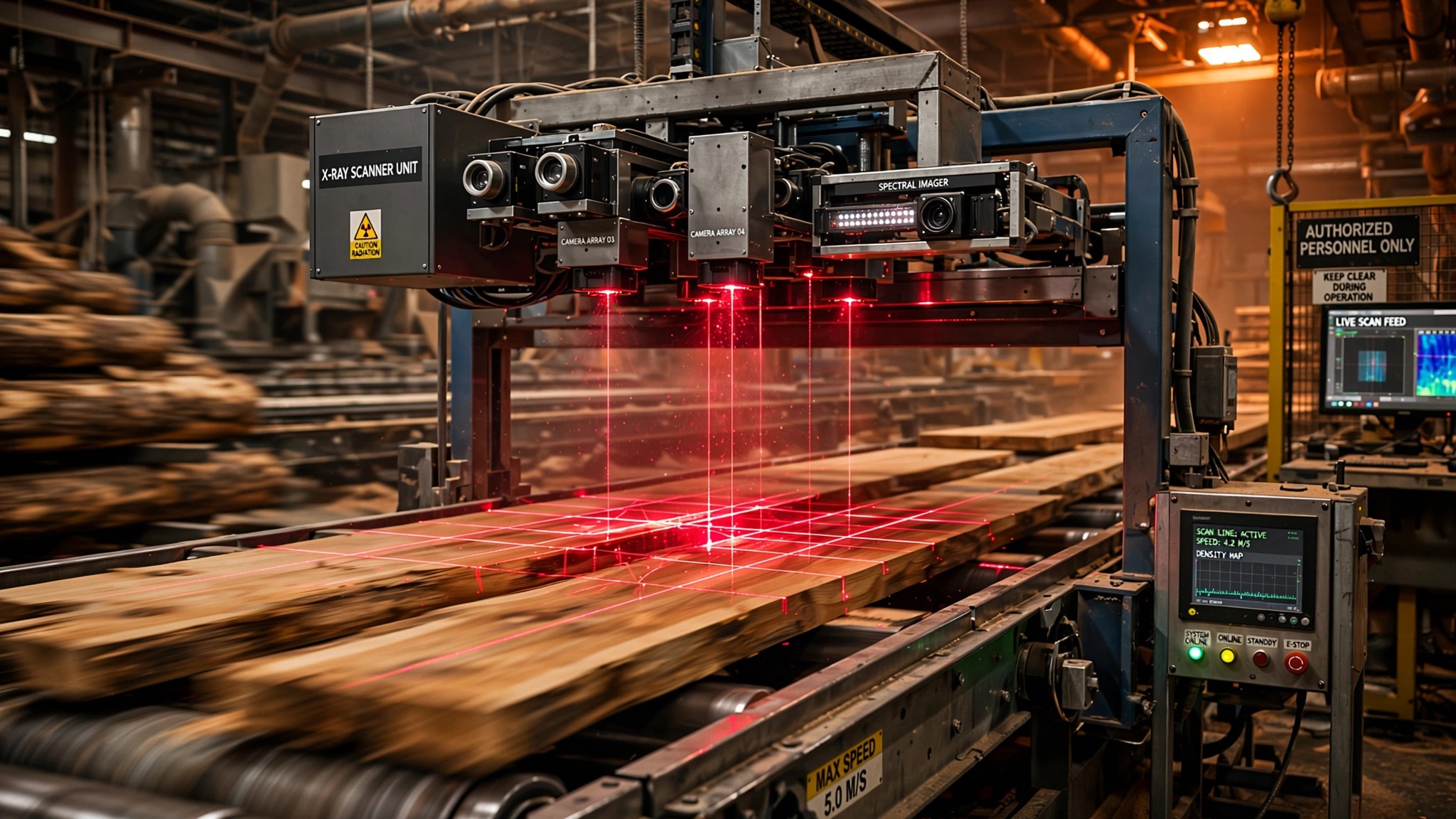 Inside a sawmill, a multi-sensor scanner with visible laser lines and camera arrays inspects rough-sawn lumber on a high-speed conveyor belt, with boards rushing past in a blur