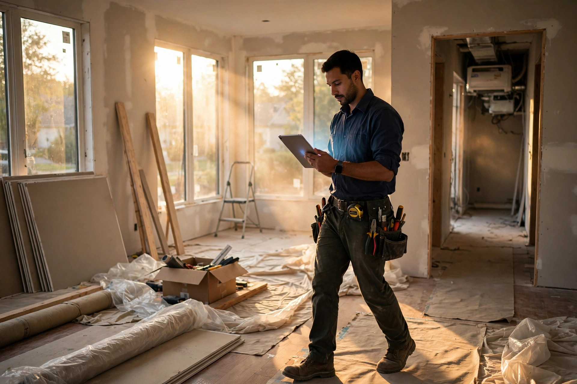 An HVAC technician holding an iPad scanning a residential living room, LiDAR measurement overlay visible, warm afternoon light through windows