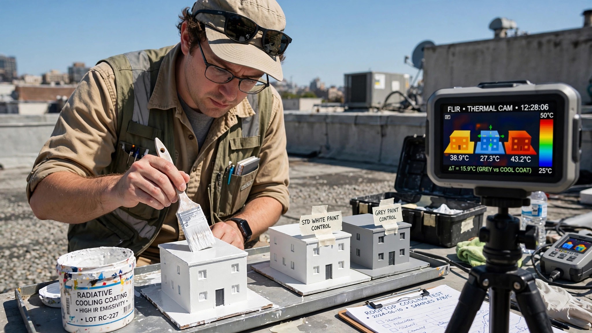 A researcher applying a white radiative cooling coating to a rooftop test panel under harsh midday sunlight, with thermal imaging equipment visible nearby showing temperature differentials in vivid color gradients