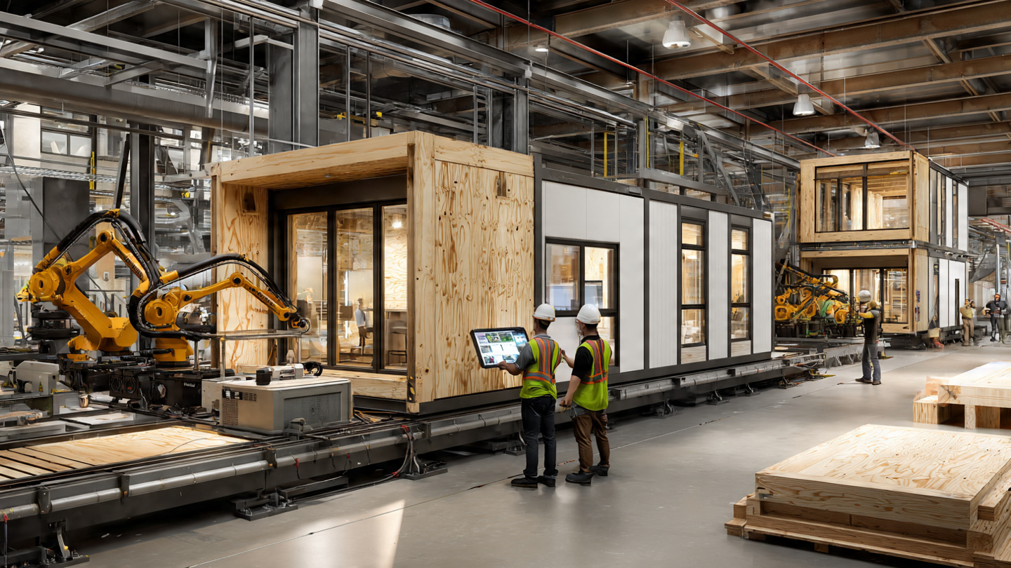 Interior of a compact housing microfactory with robotic arms assembling wall panels and workers consulting tablets