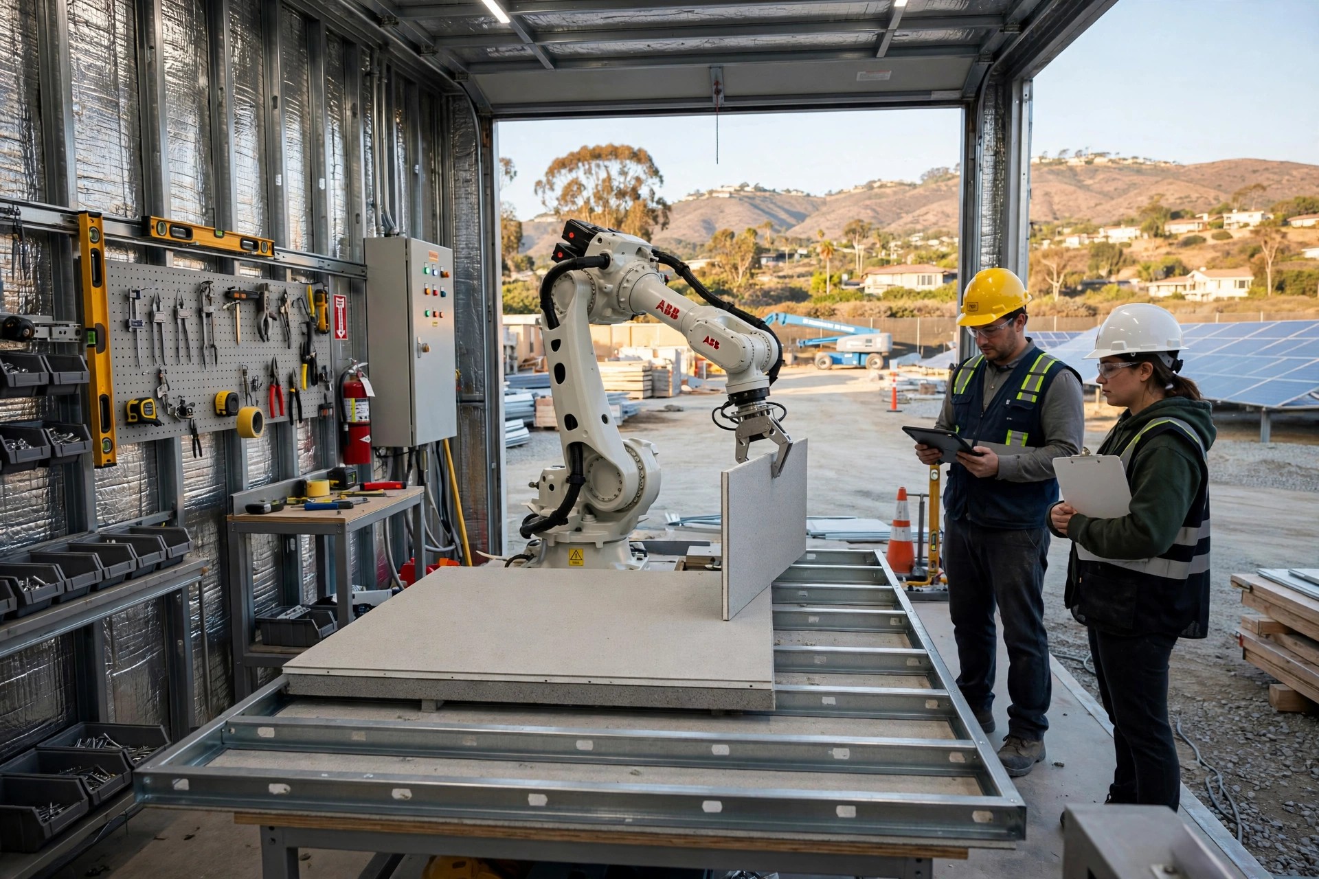 ABB IRB 6710 robotic arm assembling structural wall panels inside a mobile microfactory on a Pacific Palisades lot with workers supervising and fire-resilient materials stacked nearby