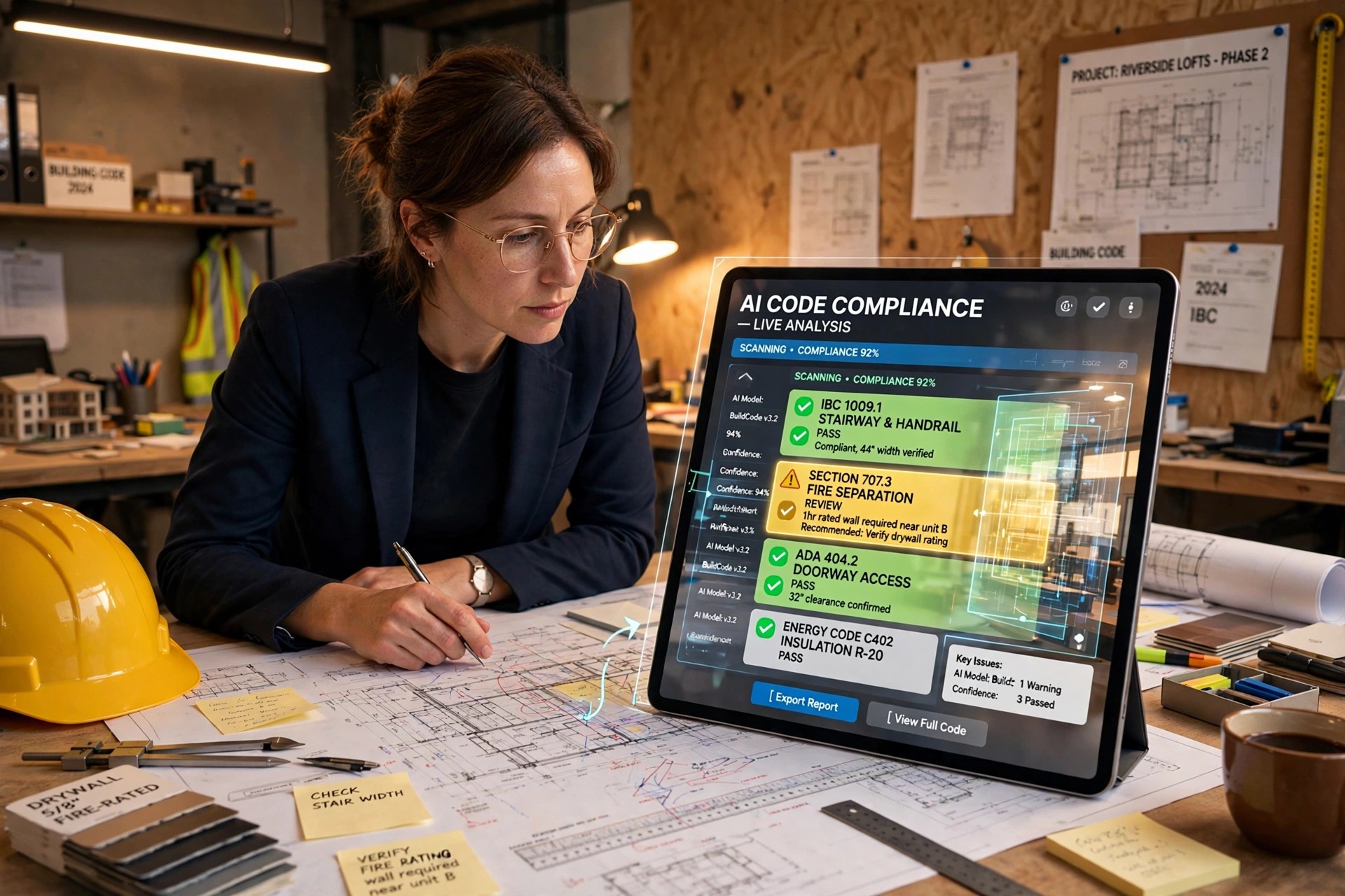 Architect reviewing building plans with AI code compliance overlay showing highlighted code sections