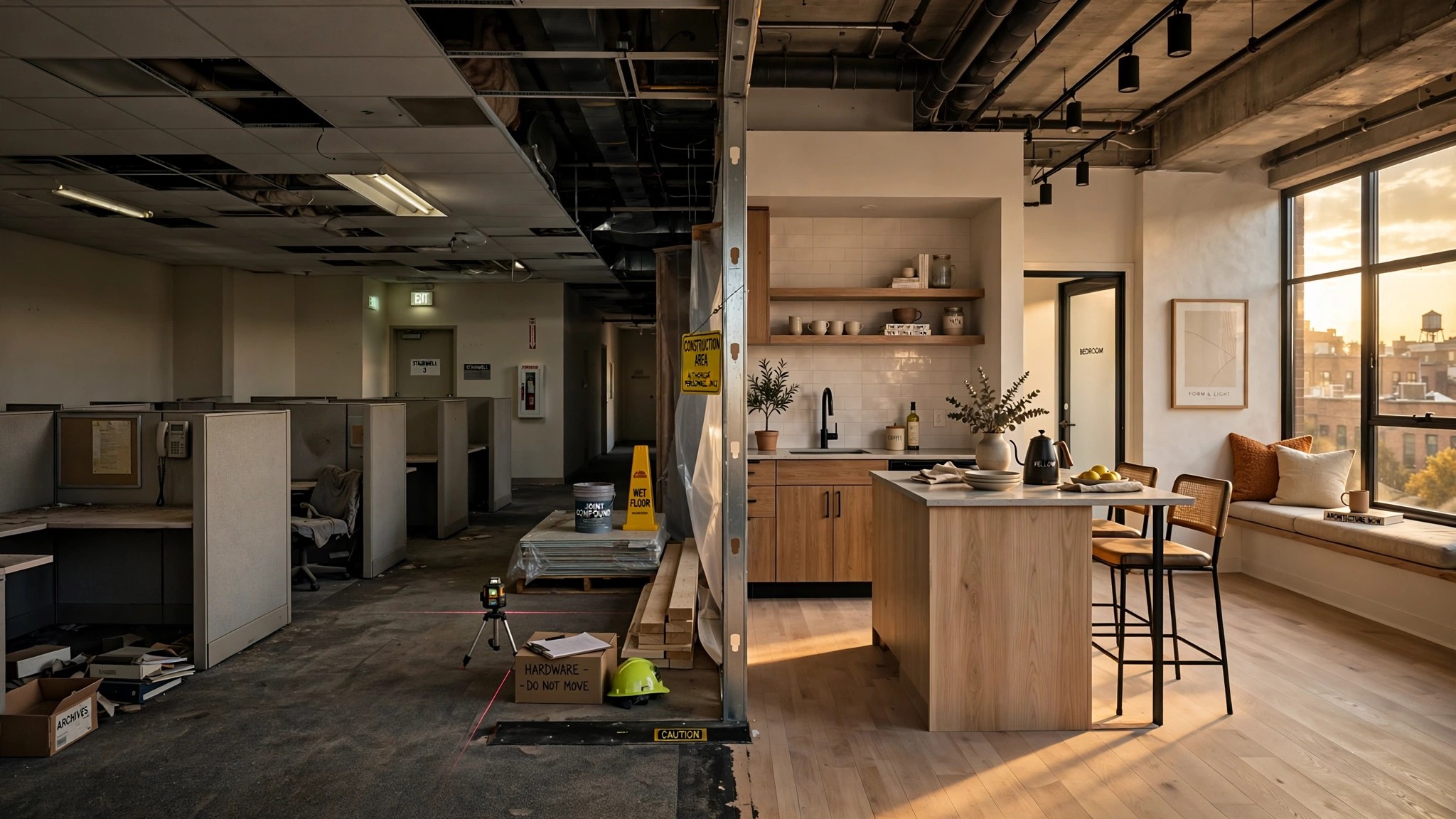 A half-converted office floor at golden hour, one side still showing cubicle remnants and dropped ceiling tiles, the other revealing a bright apartment unit with tall windows casting warm light across hardwood floors