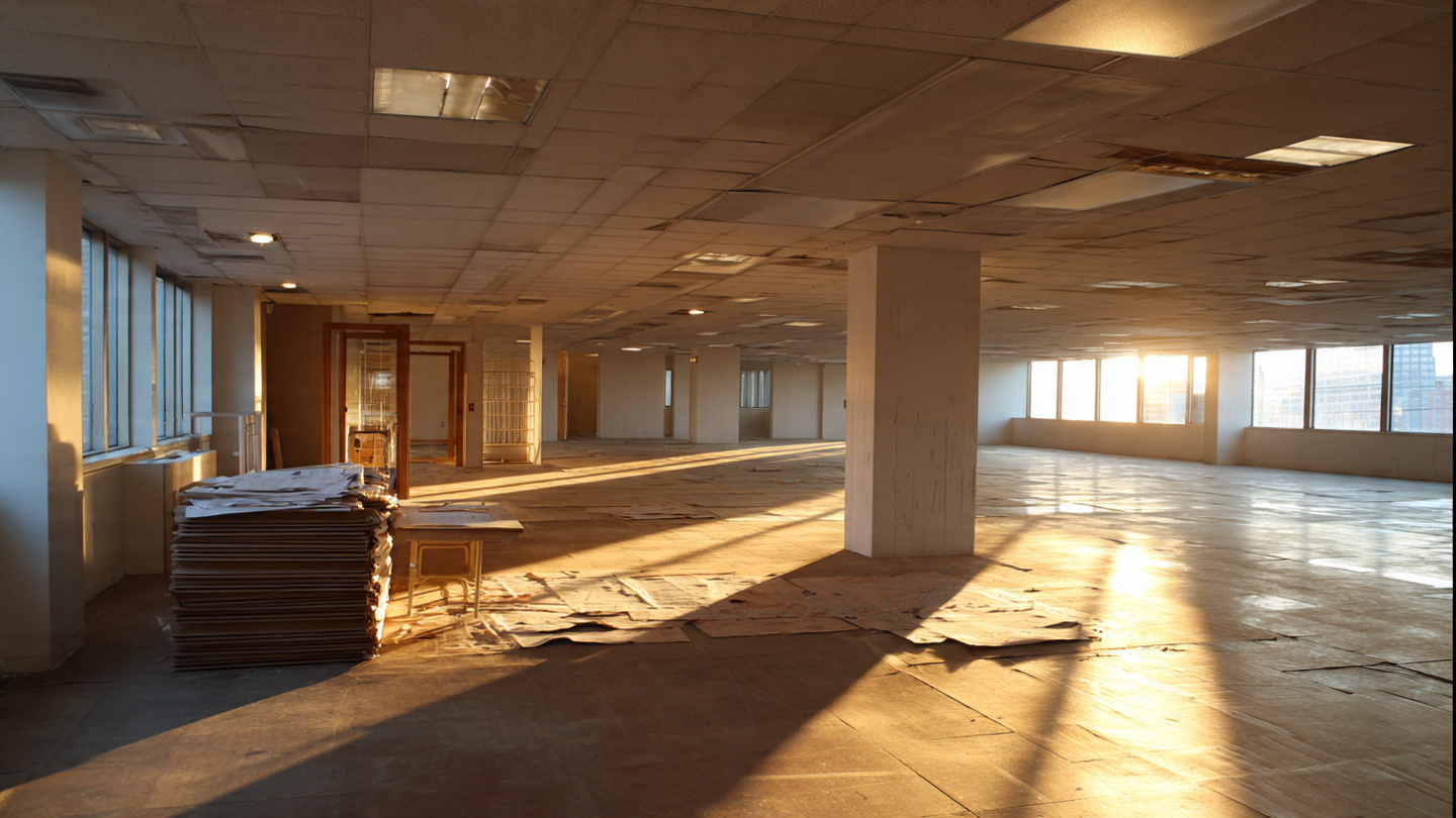 A half-empty office floor with high ceilings and deep floor plates, sunlight falling short of the interior core