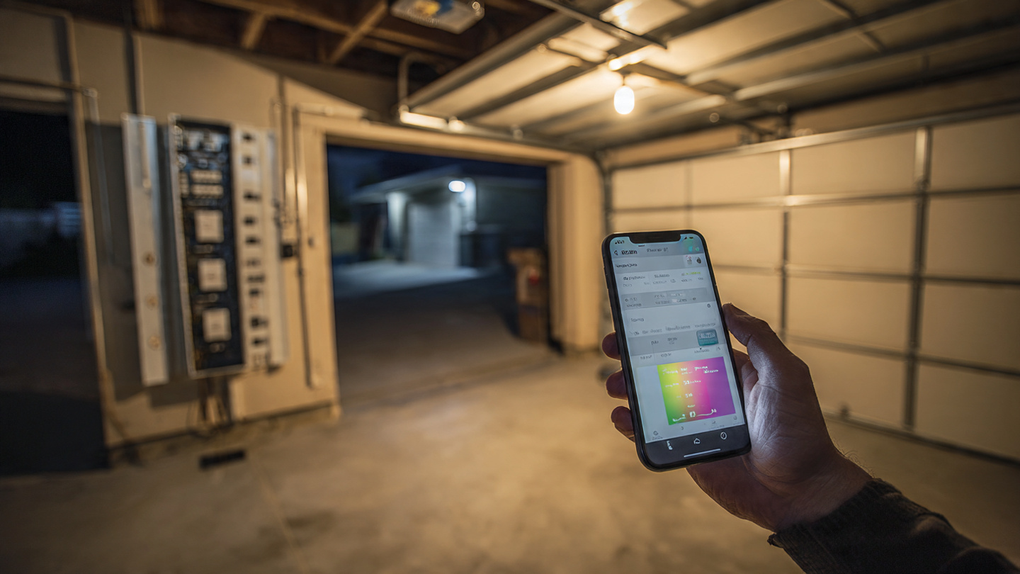 Close-up of a residential electrical panel with circuit breakers, a smartphone showing a load analysis app held nearby, warm garage lighting