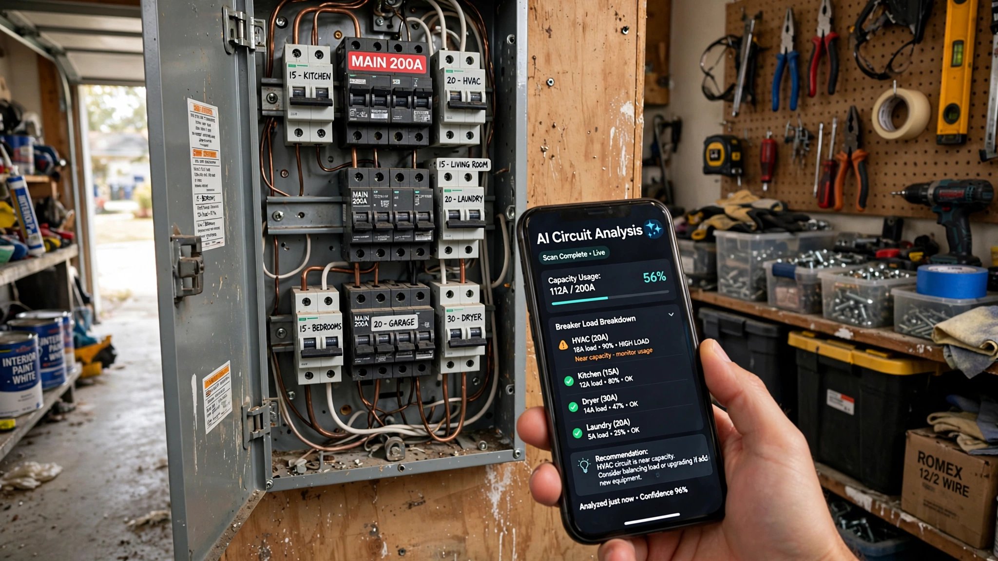 A residential electrical breaker panel photographed straight-on with a smartphone, circuit breakers visible in rows, warm garage lighting
