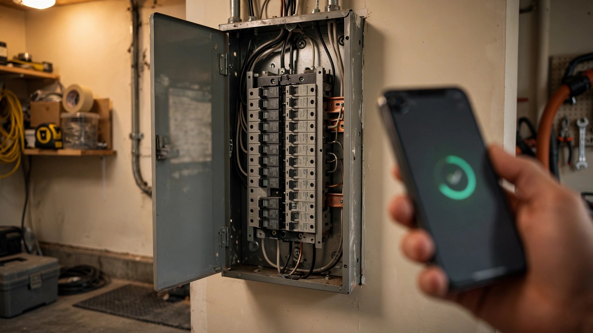 Residential electrical panel being photographed by smartphone for AI analysis